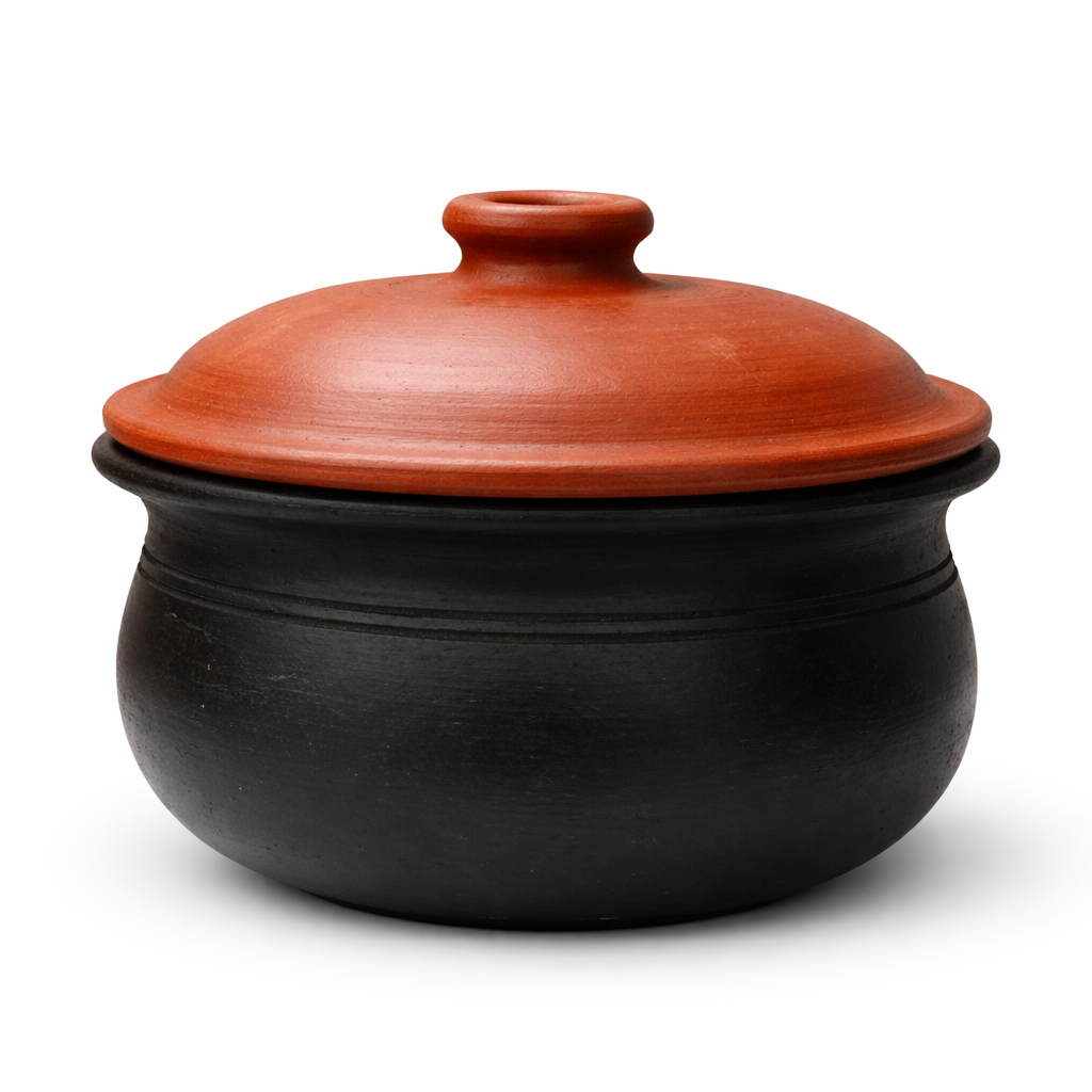 Black clay curd pot with lid used for setting mishti doi