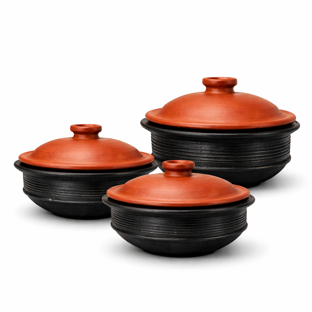Kalimannu black clay pot set with lids, 1, 2 and 3 litres
